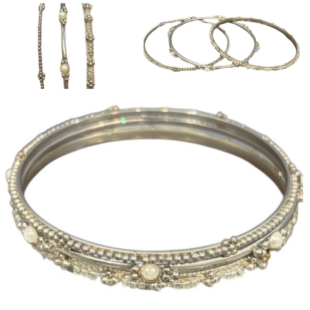Vintage Bracelet Set Silver Beaded Pearl Bangle Bracelet Retro Stacking Cuff
